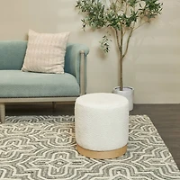 16" White Geometric Boucle Stool with Brown Wooden Base