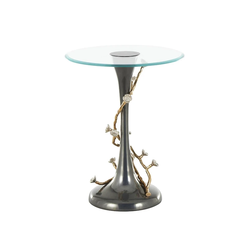 22.75" Black Aluminum Floral Twisted Vine Accent Table with Gold & Silver Accents & Glass Tabletop