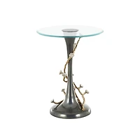 22.75" Black Aluminum Floral Twisted Vine Accent Table with Gold & Silver Accents & Glass Tabletop