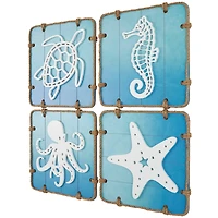 16" x 16" Blue Wooden Sea Life Ombre Wall Decor with Rope Accents Set