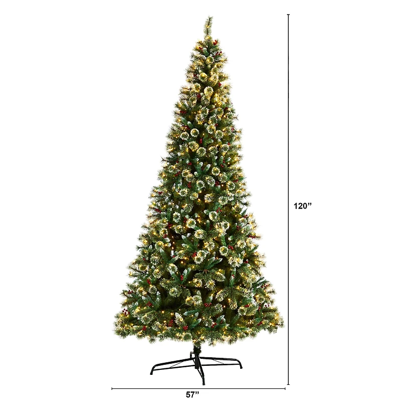 10ft. Pre-Lit Frosted Swiss Pine Artificial Christmas Tree with Berries, Clear LED Lights