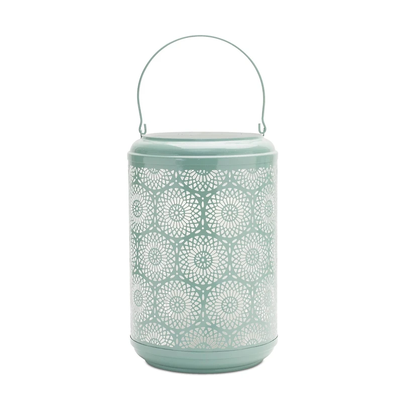 Green Punched Metal Lantern Candle Holder Set