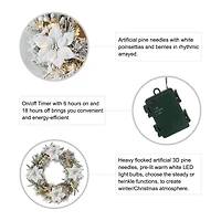 Glitzhome® 24" Pre-Lit Snow Flocked Greenery Pine Poinsettia Christmas Wreath & Matched 2 Pack 9ft. Garland Set