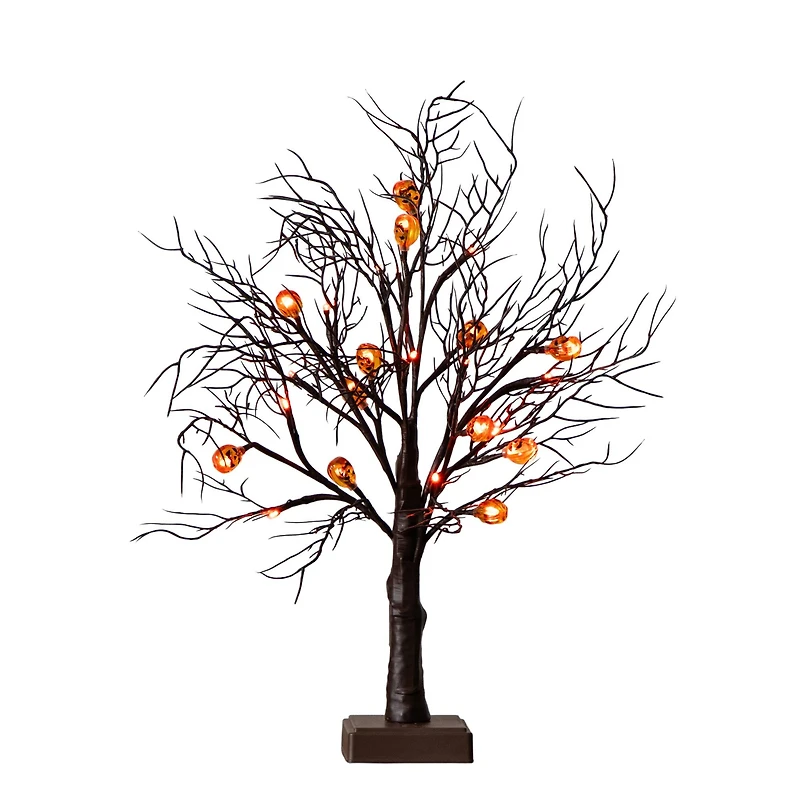 22in. Pre-Lit Artificial Halloween Brown Twig Tree with 12 Orange LED Pumpkin Shaped Lights