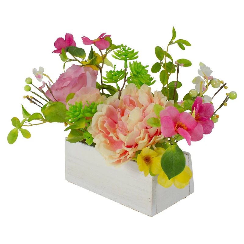 14'' Pink and Yellow Artificial Roses and Peony Floral  Arrangement in Planter
