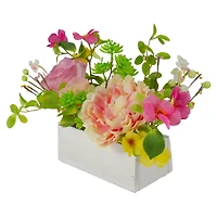 14'' Pink and Yellow Artificial Roses and Peony Floral  Arrangement in Planter
