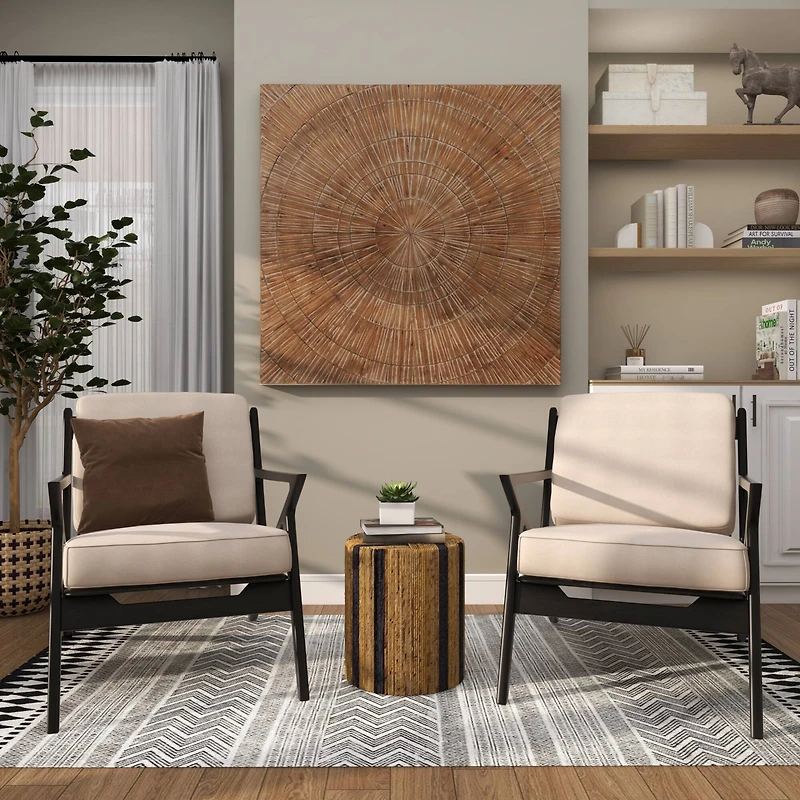 Brown Banana Leaf Handmade Linear Wrapped Accent Table with Navy Stripes