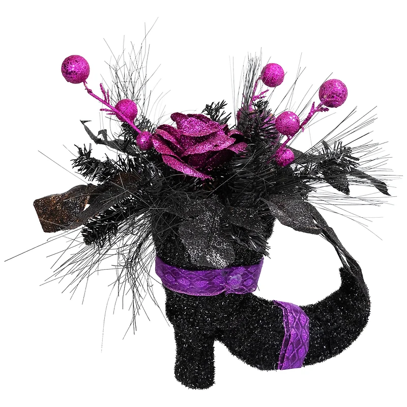 12" Black Witch's Boot with Purple Glittered Roses Halloween Decoration
