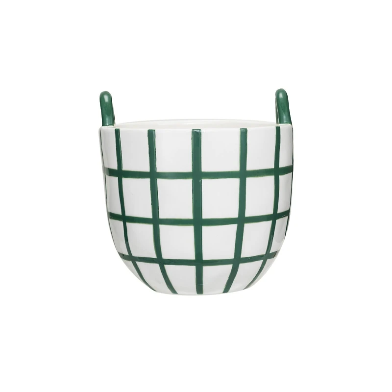 Hello Honey® 6.75" Hand-Painted Green & White Grid Stoneware Container with Handles