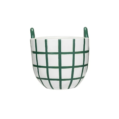 Hello Honey® 6.75" Hand-Painted Green & White Grid Stoneware Container with Handles