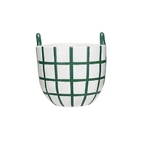 Hello Honey® 6.75" Hand-Painted Green & White Grid Stoneware Container with Handles