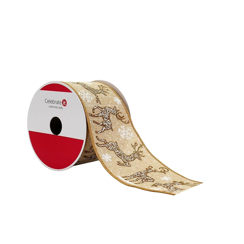 2.5" x 20ft. Glitter Reindeer Wired Faux Linen Ribbon by Celebrate It®