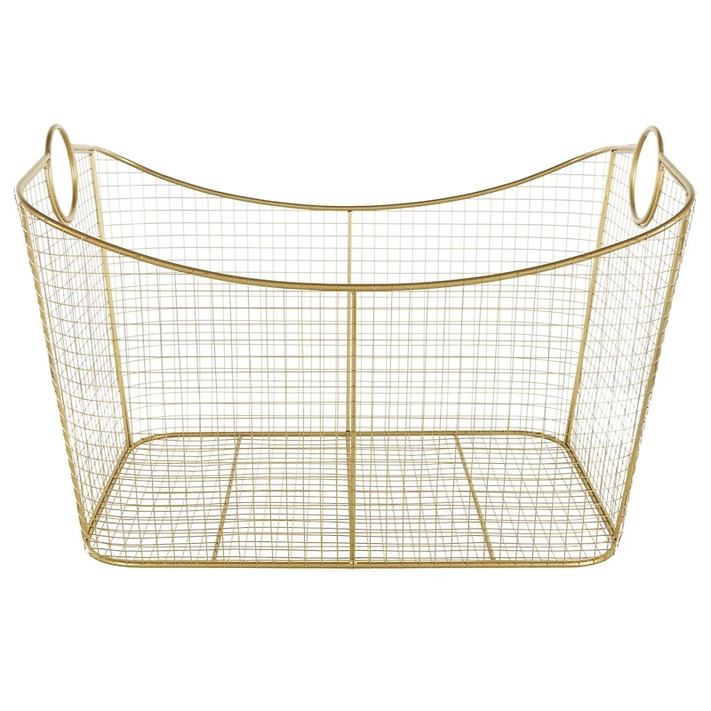 30.25" Gold Metal Geometric Wire Grid Basket with Curved Sides & Ring Handles