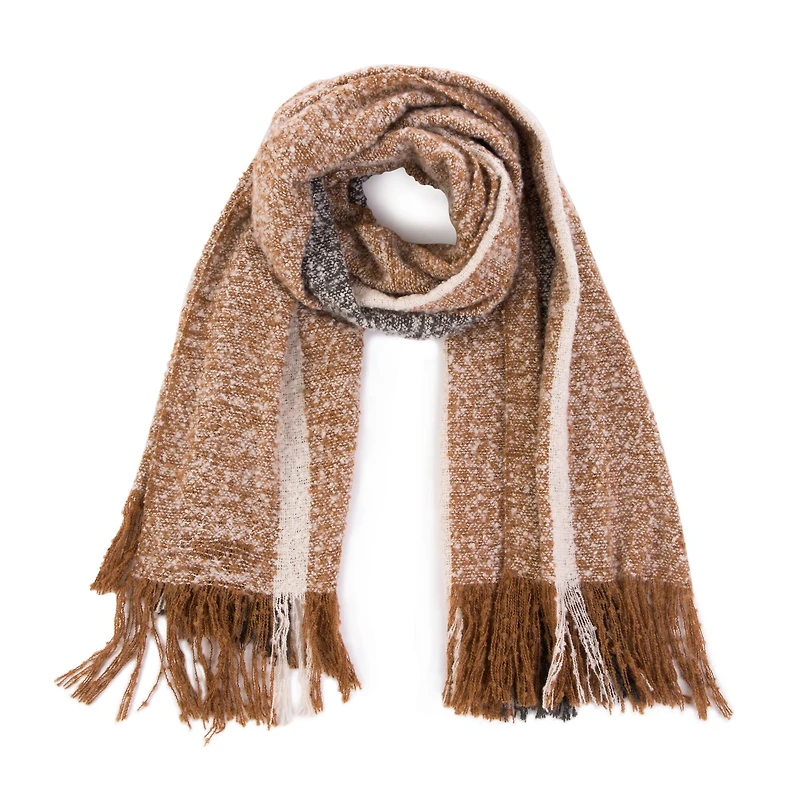Glitzhome® 70" Tan, White & Gray Scarf with Tassels