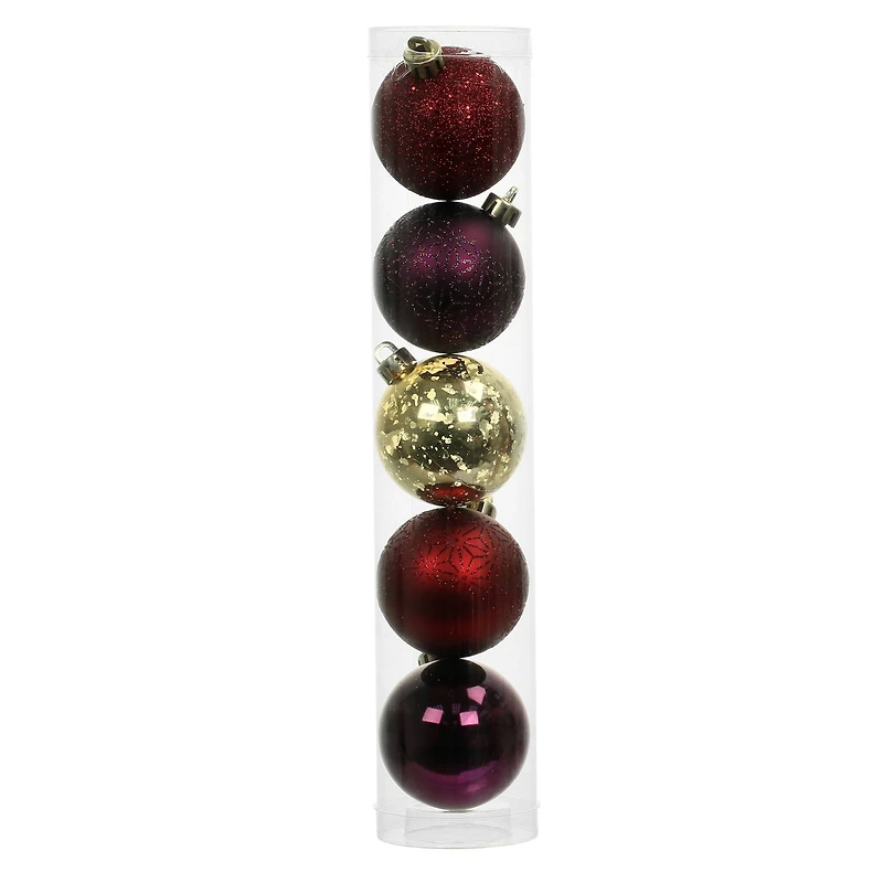 5 Pack 2.2" Burgundy, Red & Gold Shatterproof Ball Ornaments by Ashland®