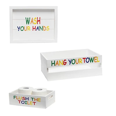 Elegant Designs Large White Wash Kids Towel Holder, Frame & Toilet Paper Holder Set