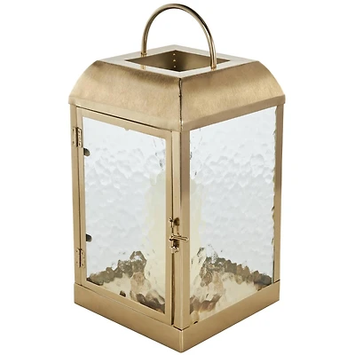 16" Gold Metal Candle Lantern with Pebbled Glass