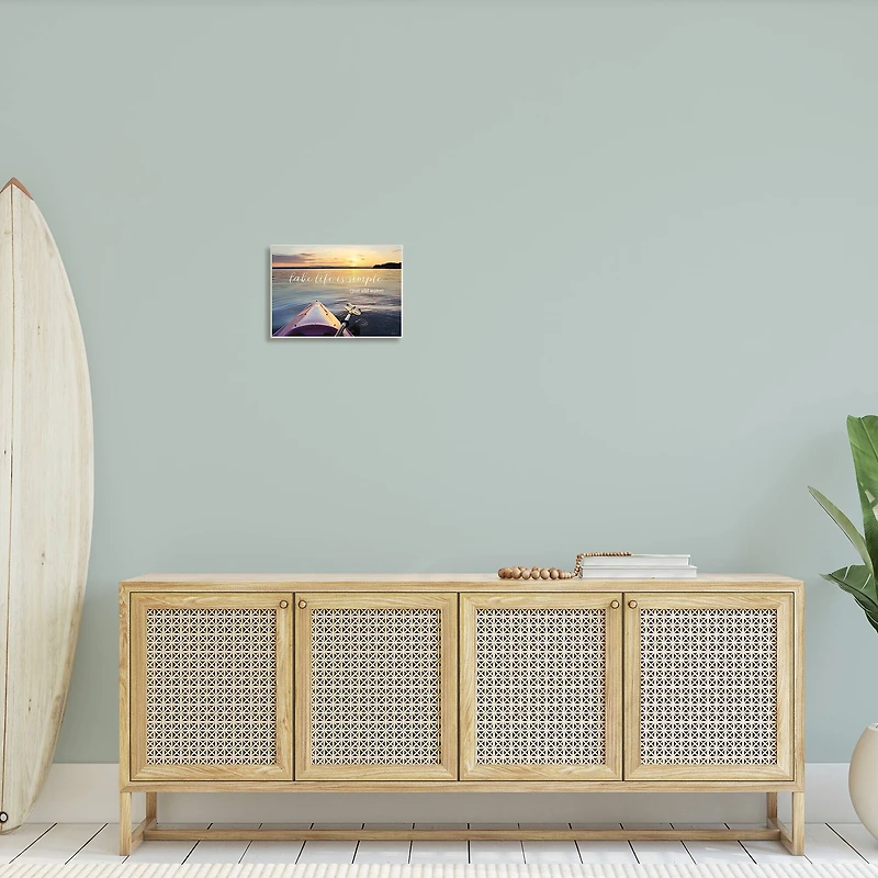 Stupell Industries Lake Life Is Simple Phrase Kayak Boat Sunrise Wood Wall Plaque