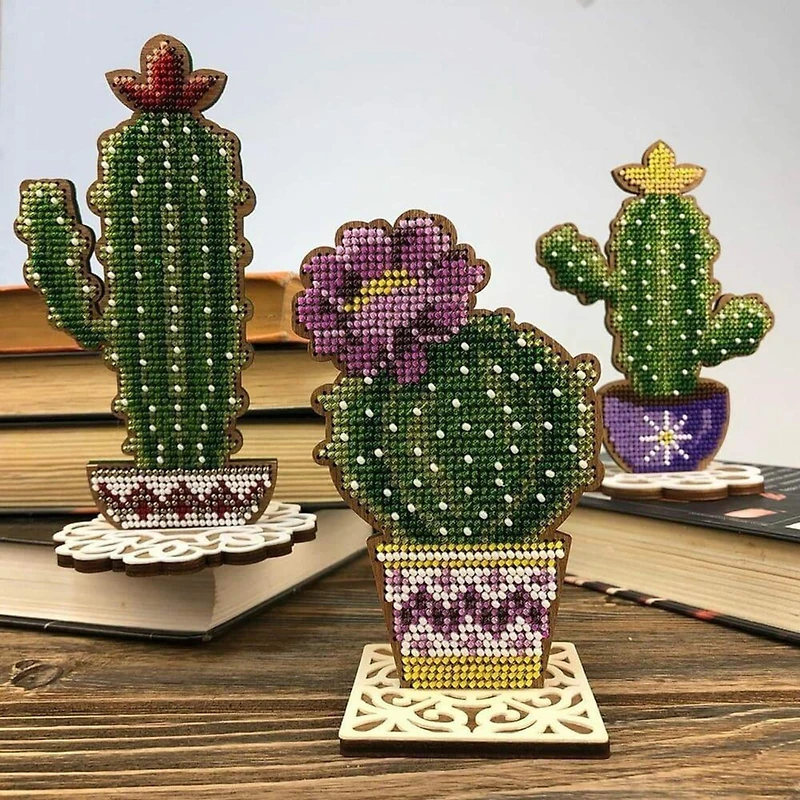 Wonderland Crafts Cactus in Purple Bowl Bead Embroidery on Wood Kit