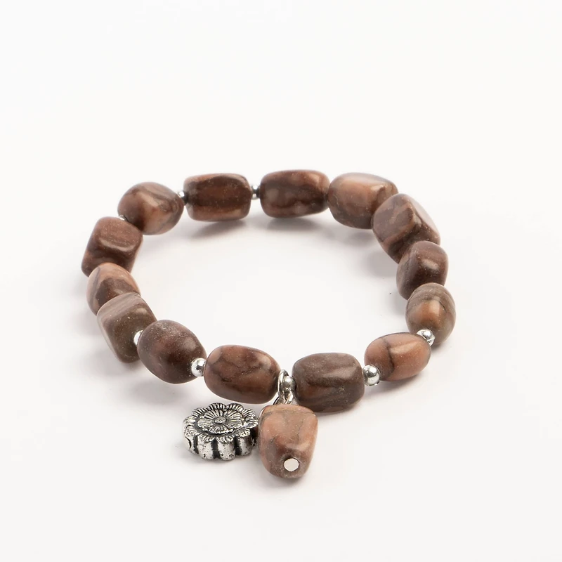 John Bead Jasper Natural Stone Stretch Bracelet with Flower Charm