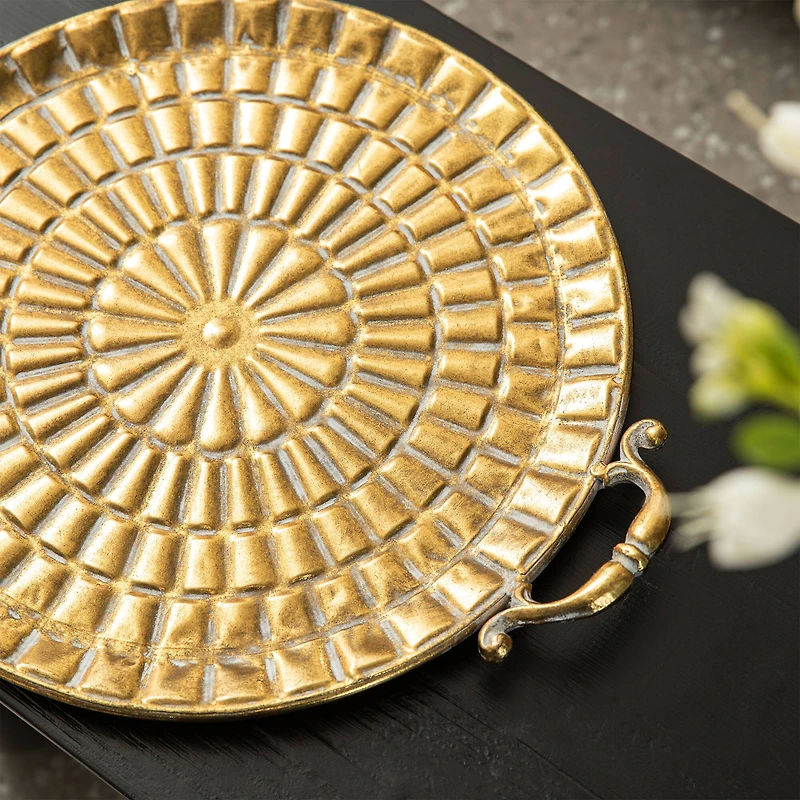 Glitzhome® Gold Round Metal Embossed Decorative Trays Set