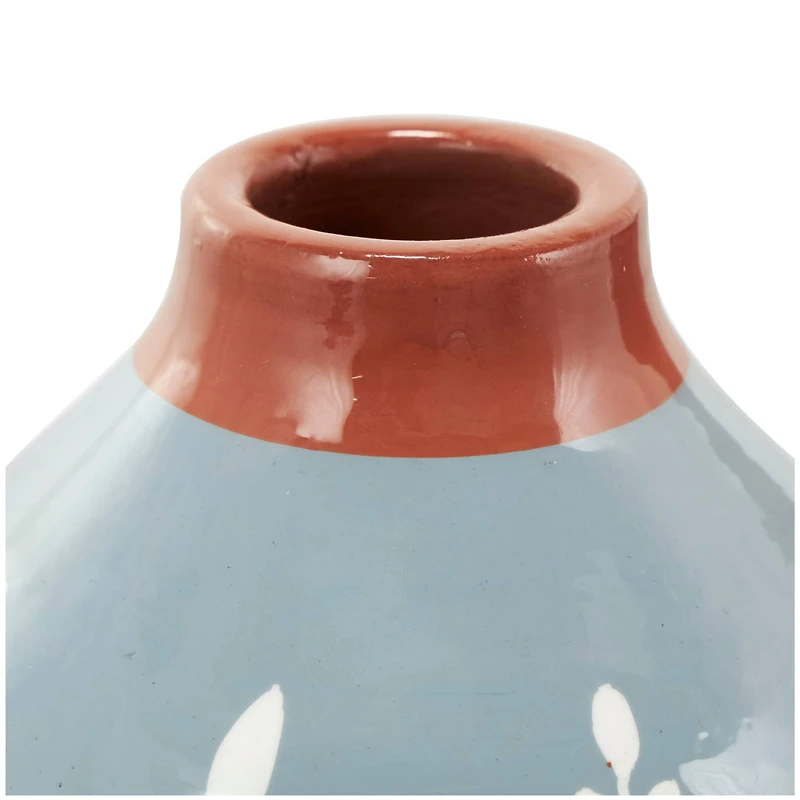 9" Blue Ceramic Floral Vase with Terracotta & White Detailing Set