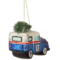 5" Blue & Silver USPS Post Office Truck with Frosted Tree Glass Christmas Ornament