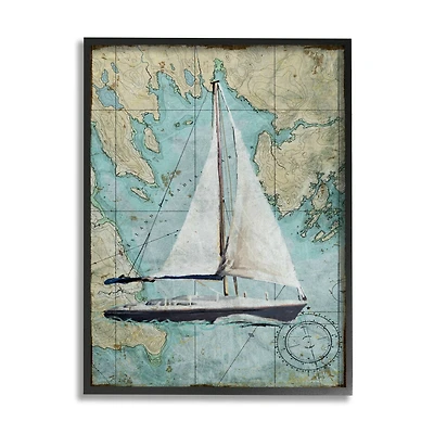 Stupell Industries Vintage World Map Sail Boat Ocean Coast Painting Framed Wall Art