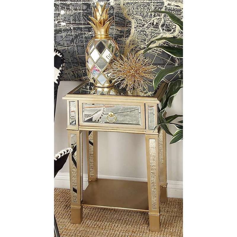 27" Beige Chinese Fir Glam Accent Table