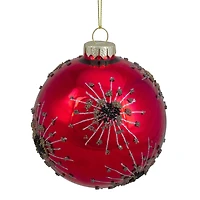 4" Red & Brown Beaded Bursting Snowflake Glass Ball Ornament