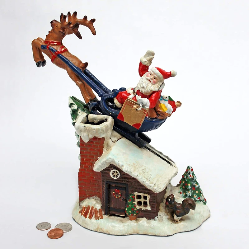 Design Toscano 9.5" Santa's Christmas Sleigh Ride Die-Cast Iron Mechanical Coin Bank