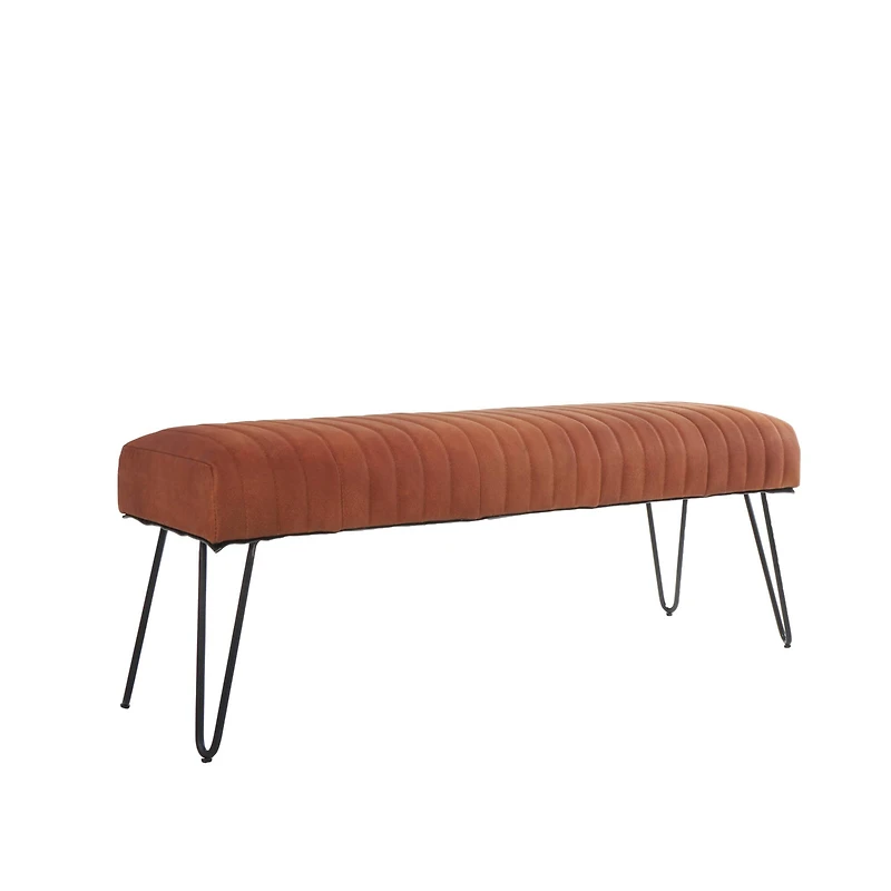 4ft. Brown Leather Upholstered Bench with Hairpin Legs