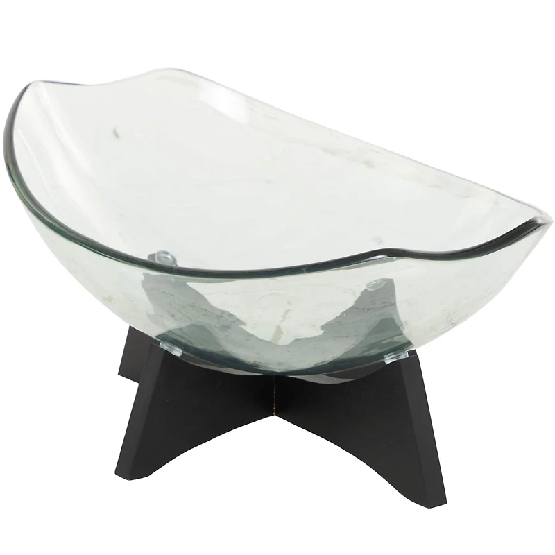 21" Clear Glass Kitchen Serving Bowl with Black Wooden Stand
