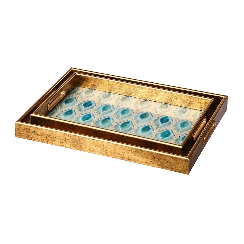 Glitzhome® Rectangle Peacock Feathers Patterned Decorative Trays Set