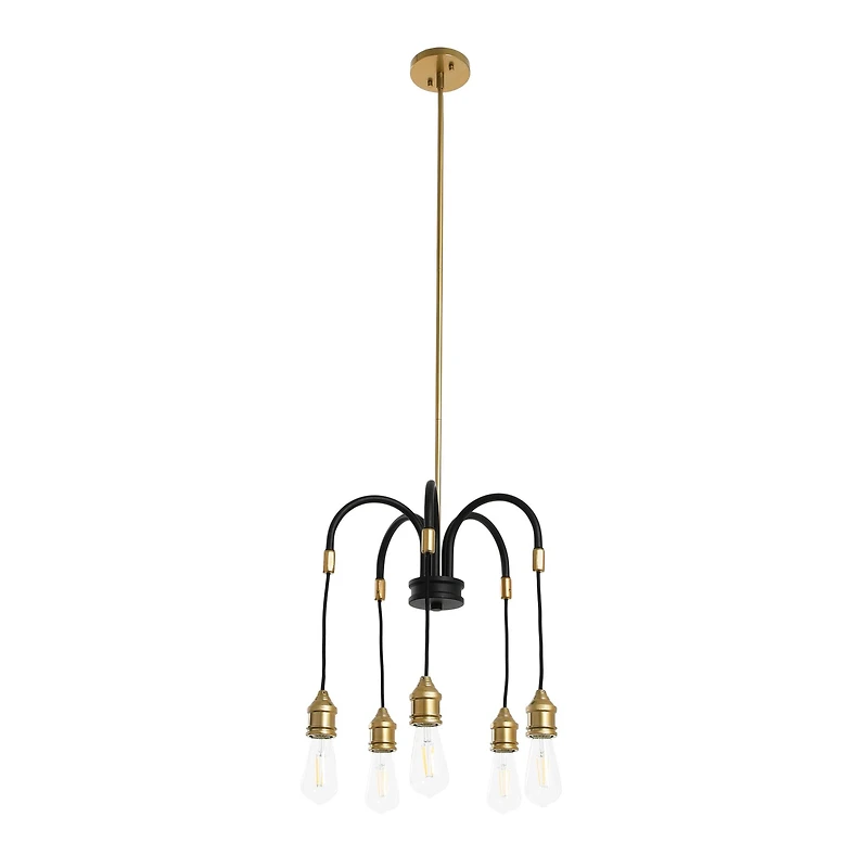 Hello Honey® Robert Stevenson Lighting Harper 19" Black and Brass 5-Light Exposed Bulb 2-Tone Metal Chandelier