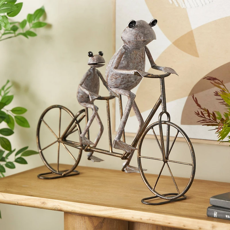 23.5" Frog Duo on Bicycle Metal Garden Sculpture with Gold Accents
