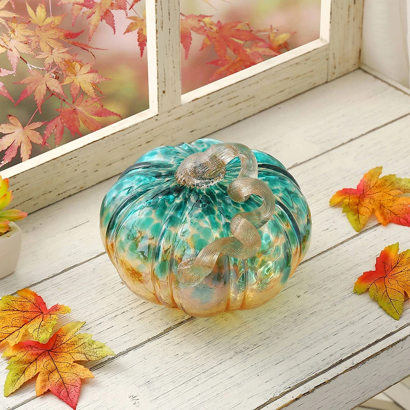 Glitzhome® Small Glitter Glass Pumpkin, Blue & Gold