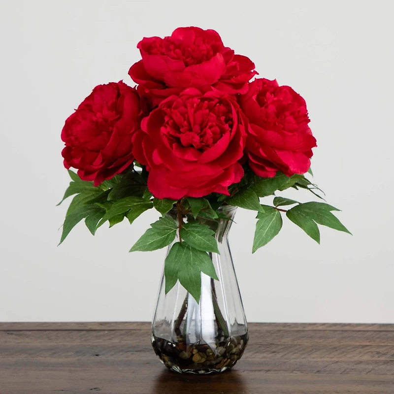 16" Red Peony Arrangement in Glass Vase