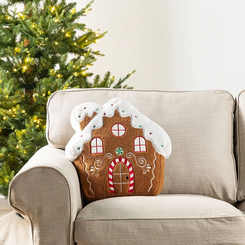 Glitzhome® 17"H Christmas Gingerbread House Shaped Pillow