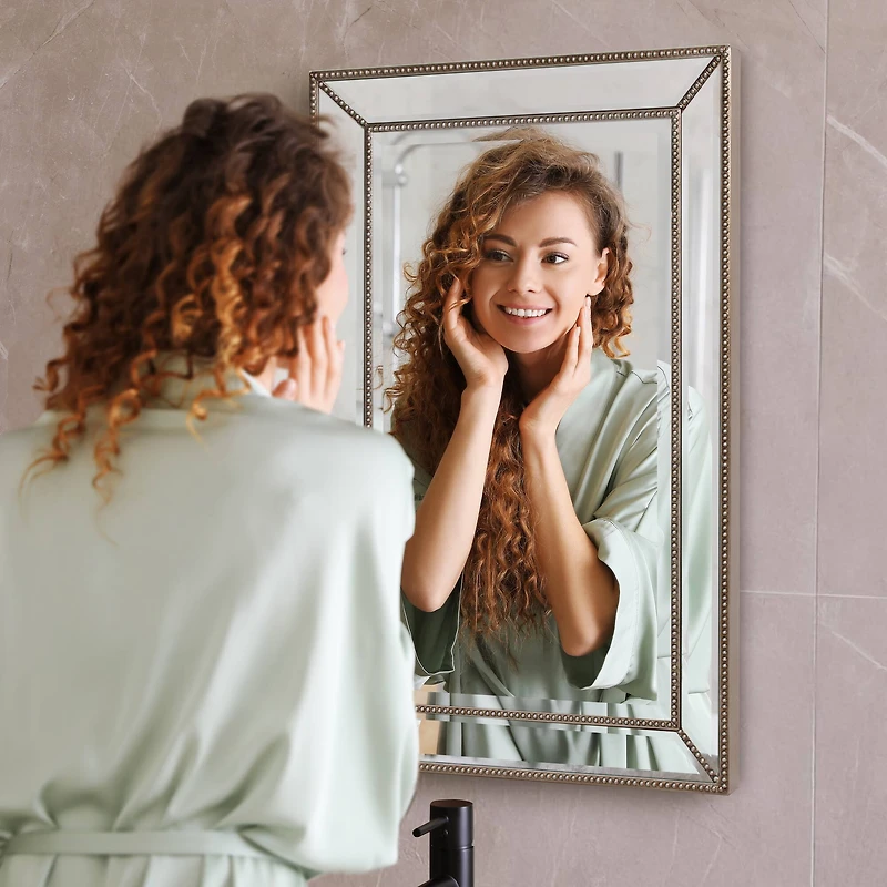 Head West Beaded Champagne Silver Framed Wall Vanity Mirror