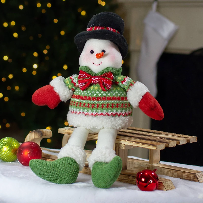 18" Red & Green Sitting Smiling Snowman Christmas Figure