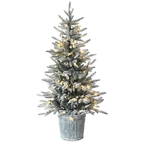 4.5ft. Pre-Lit Flocked Alpine Fir Entrance Tree In Gray Pot, Clear LED Lights