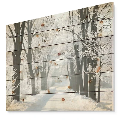 Designart - Country Road Between Foggy Trees - Forest Print on Natural Pine Wood