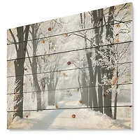 Designart - Country Road Between Foggy Trees - Forest Print on Natural Pine Wood