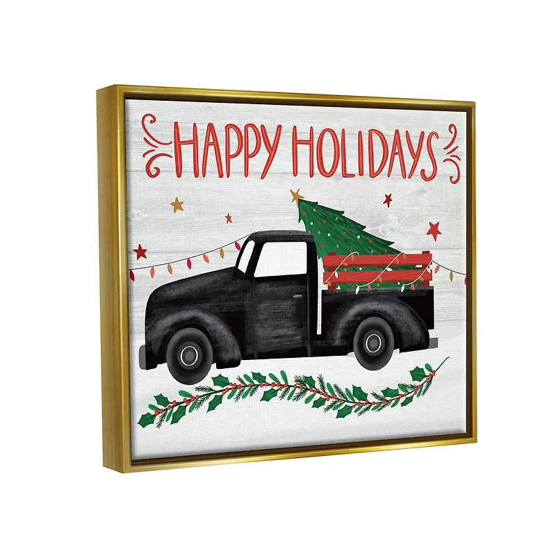 Stupell Industries Happy Holidays Christmas Tree Truck Framed Floater Canvas Wall Art