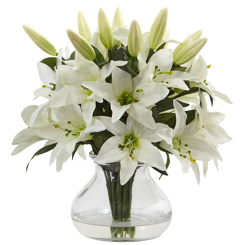 13.5" White Lily Arrangement with Glass Vase
