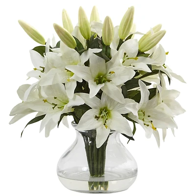 13.5" White Lily Arrangement with Glass Vase