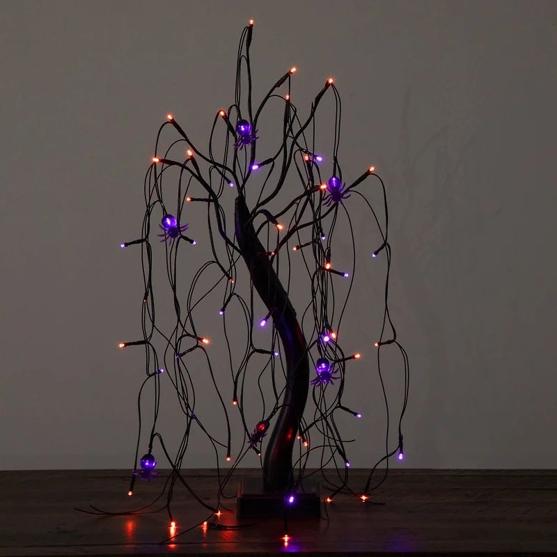2ft. Pre-Lit Halloween Artificial Black Spooky Spider Willow Tree with 60 Orange & Purple LED Lights
