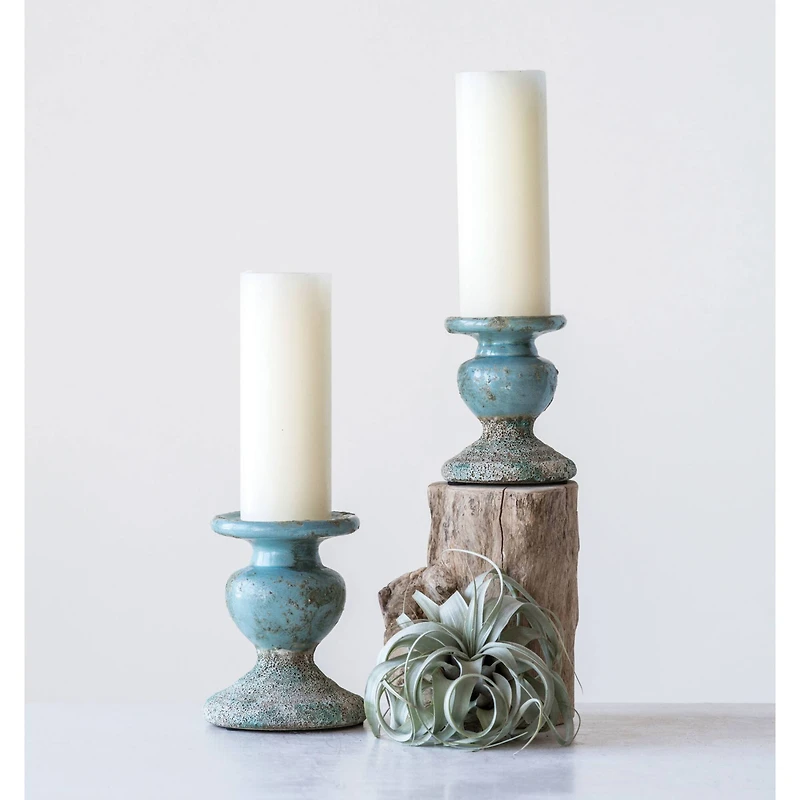 Hello Honey® 7'' Blue Distressed Terracotta Pillar Candle Holder