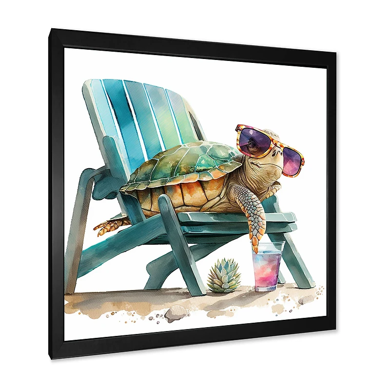 Designart 'Turtle Laying On A Beach Chair With Sunglasses I' Animals Framed Canvas Wall Art